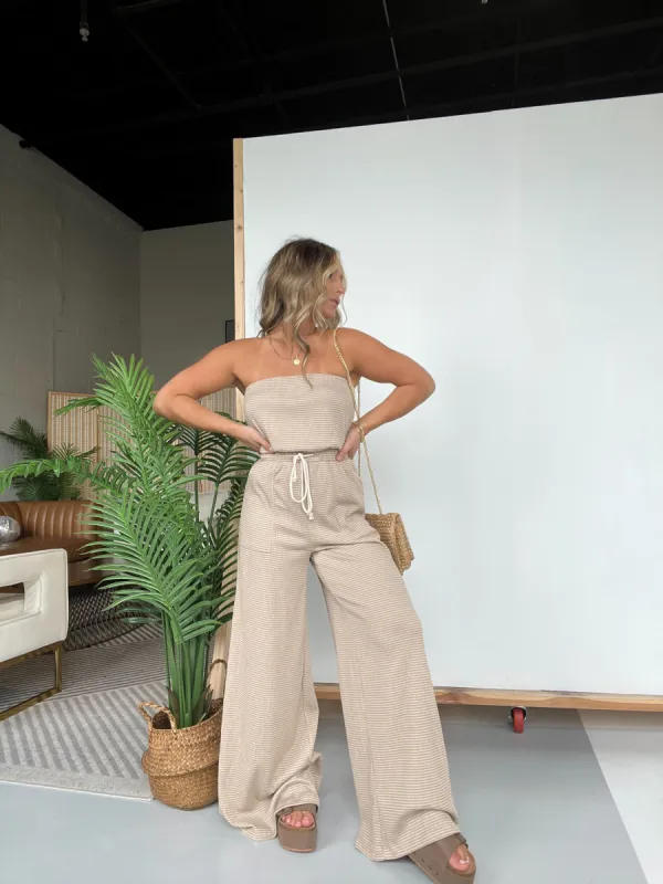 Zienna Strapless Jumpsuit Taupe Ivory sold by Chic by Ally B