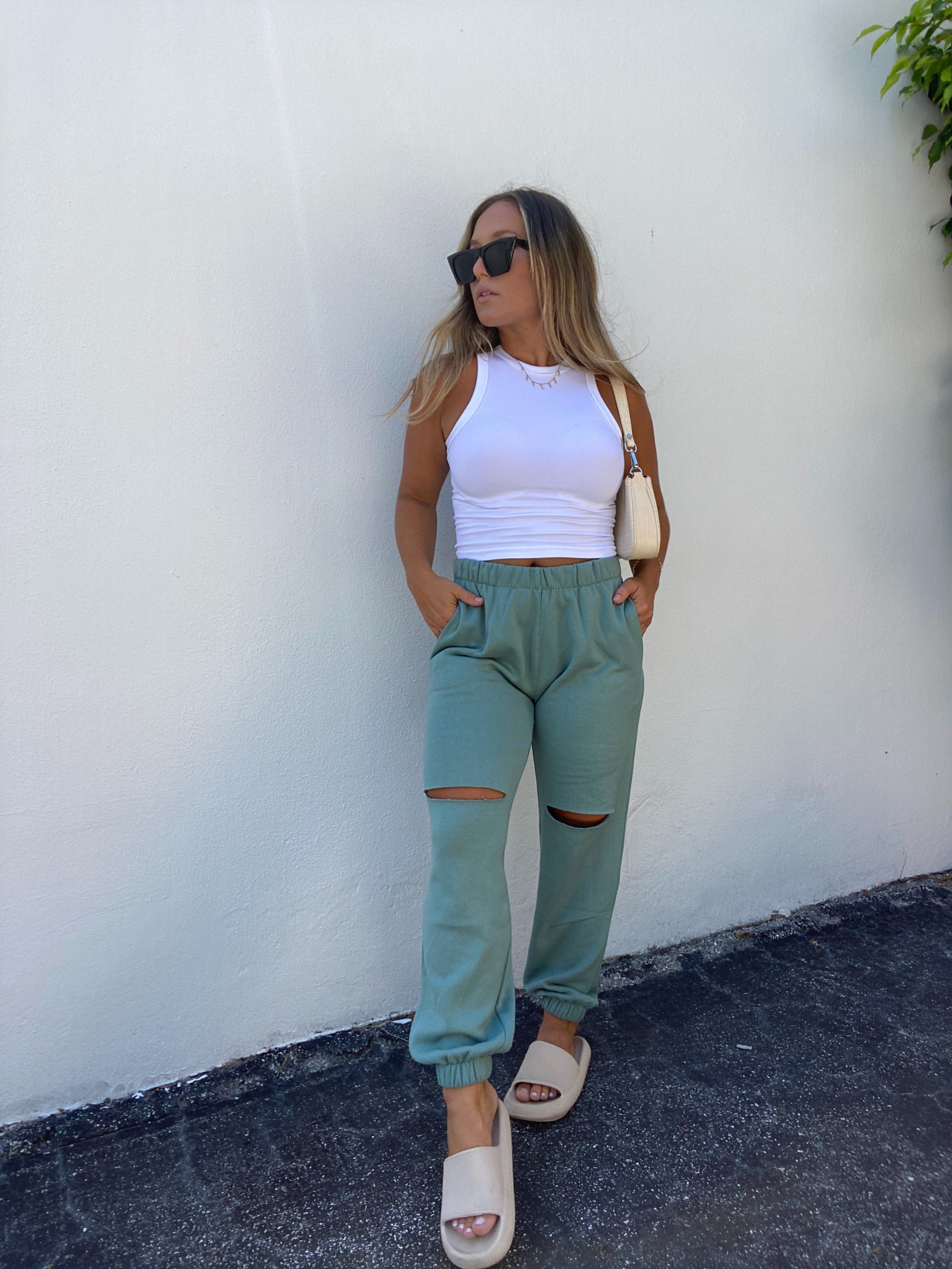 SLASHED JOGGERS SAGE sold by Chic by Ally B