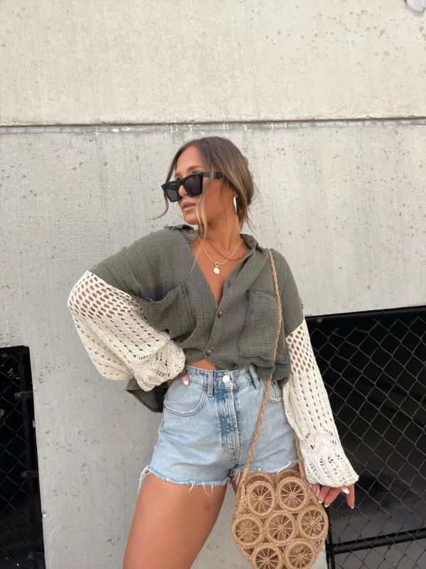 CHARCOAL GREEN CROCHET SLEEVE BUTTON UP sold by Chic by Ally B