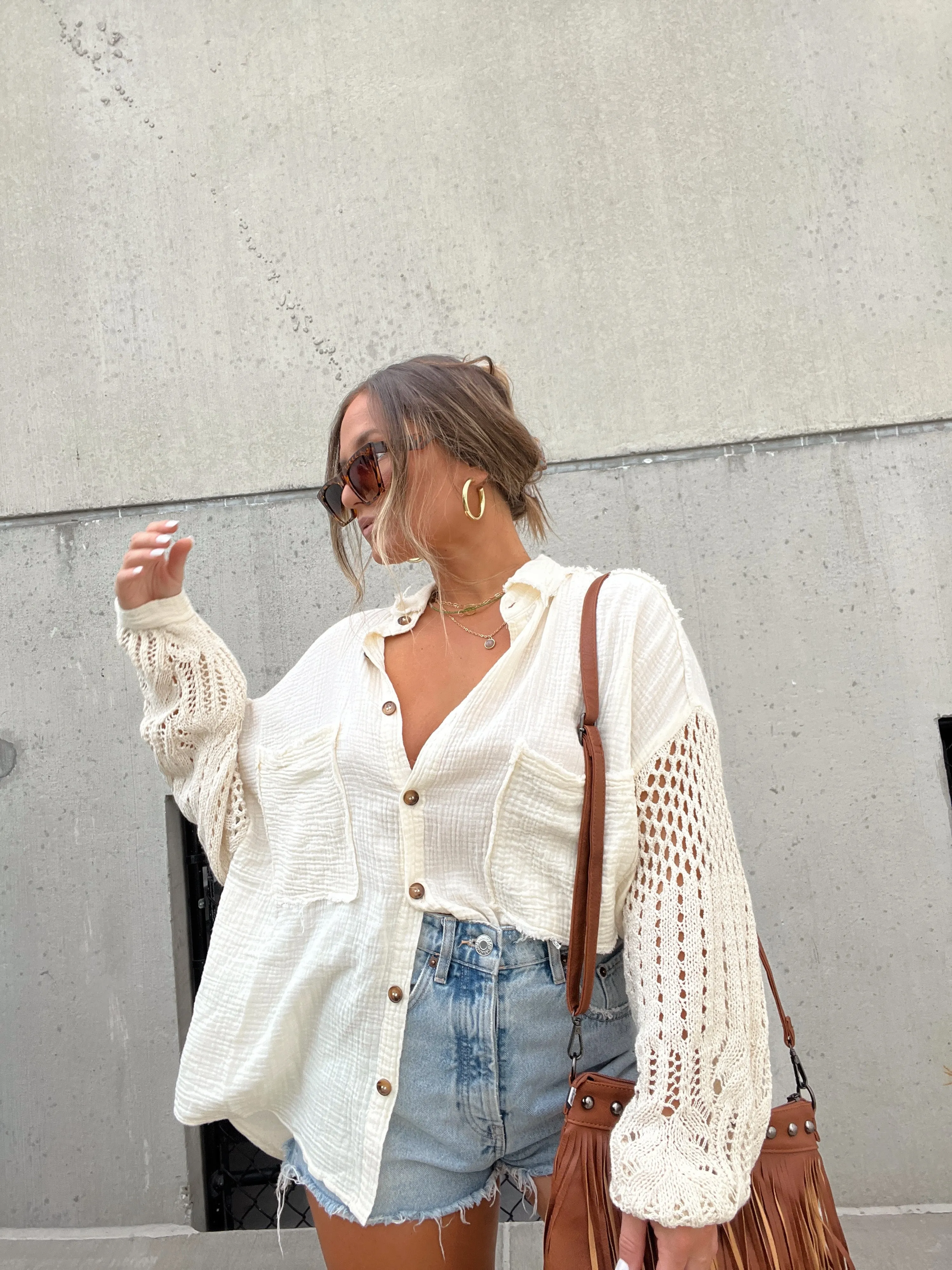 Natural Crochet Sleeve Button Up sold by Chic by Ally B