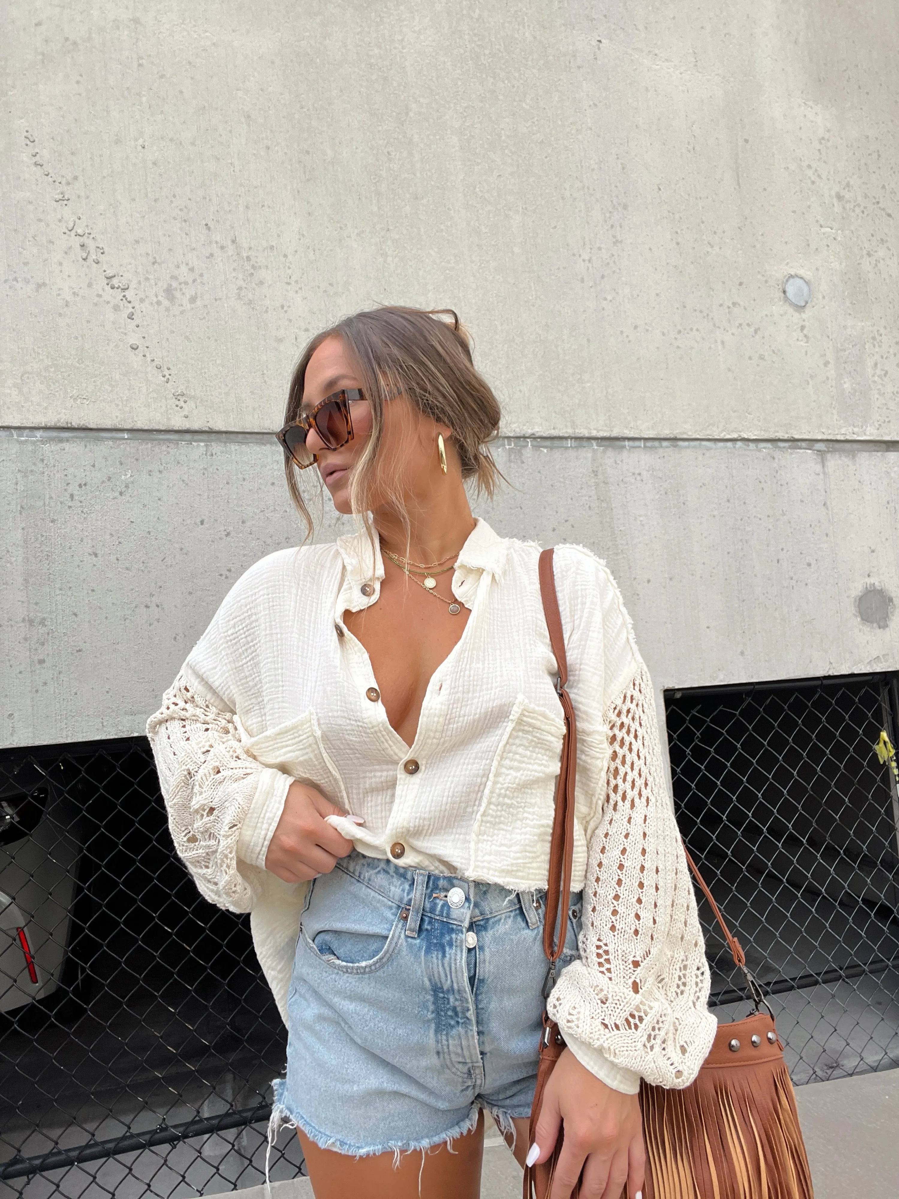 Natural Crochet Sleeve Button Up sold by Chic by Ally B product image thumbnail 4