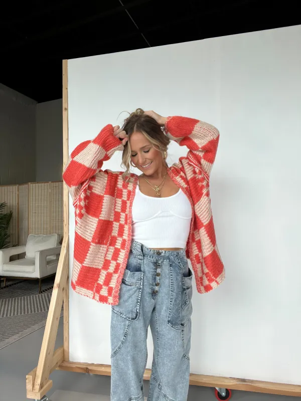 Checkered Annie Oversized Cardigan Orange sold by Chic by Ally B