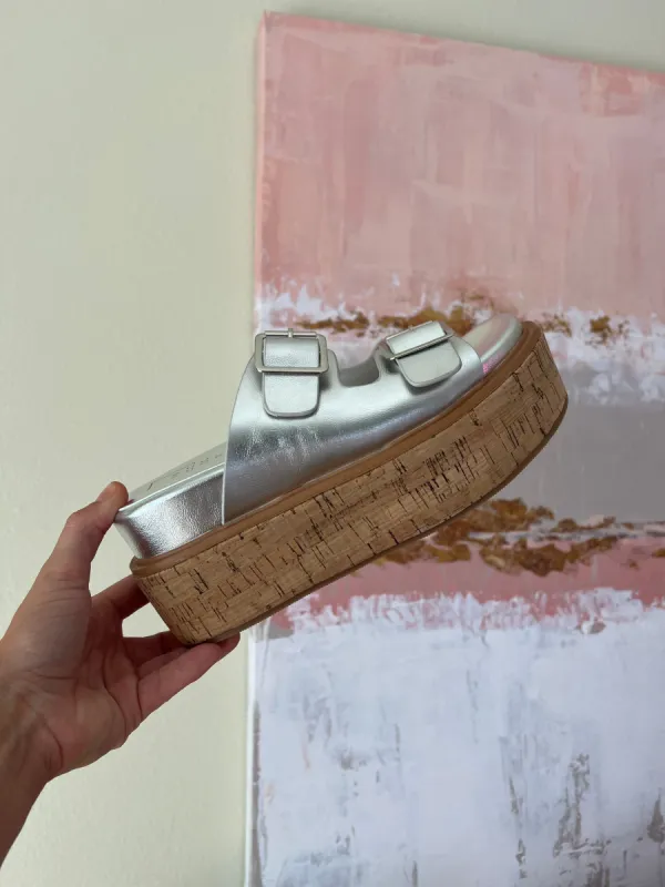 Lucinda Platform Cork Buckle Slides Silver sold by Chic by Ally B