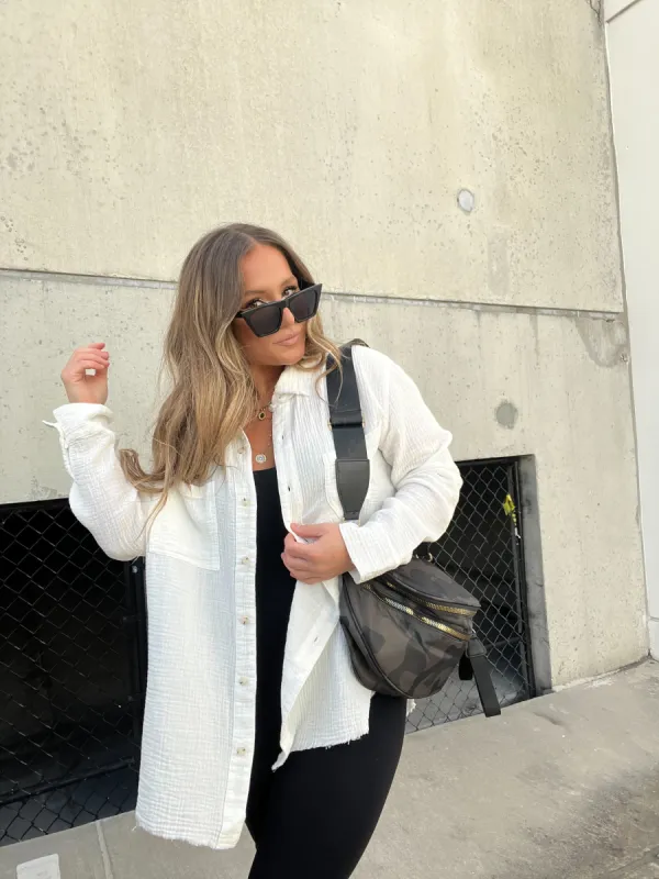 LOVE IS GAUZE BUTTON DOWN WHITE sold by Chic by Ally B