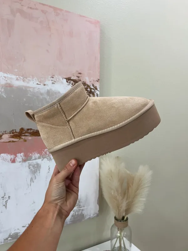 Benji Stacked Bootie Oatmeal Suede sold by Chic by Ally B