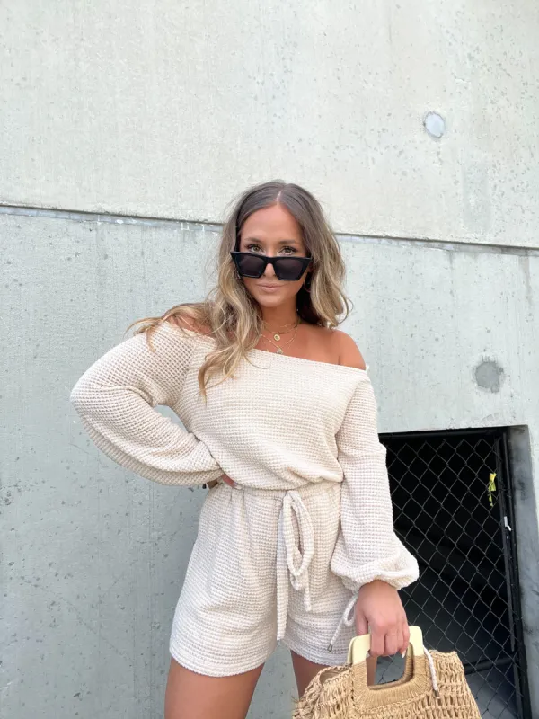 WAFFLE OFF THE SHOULDER ROMPER CREAM sold by Chic by Ally B