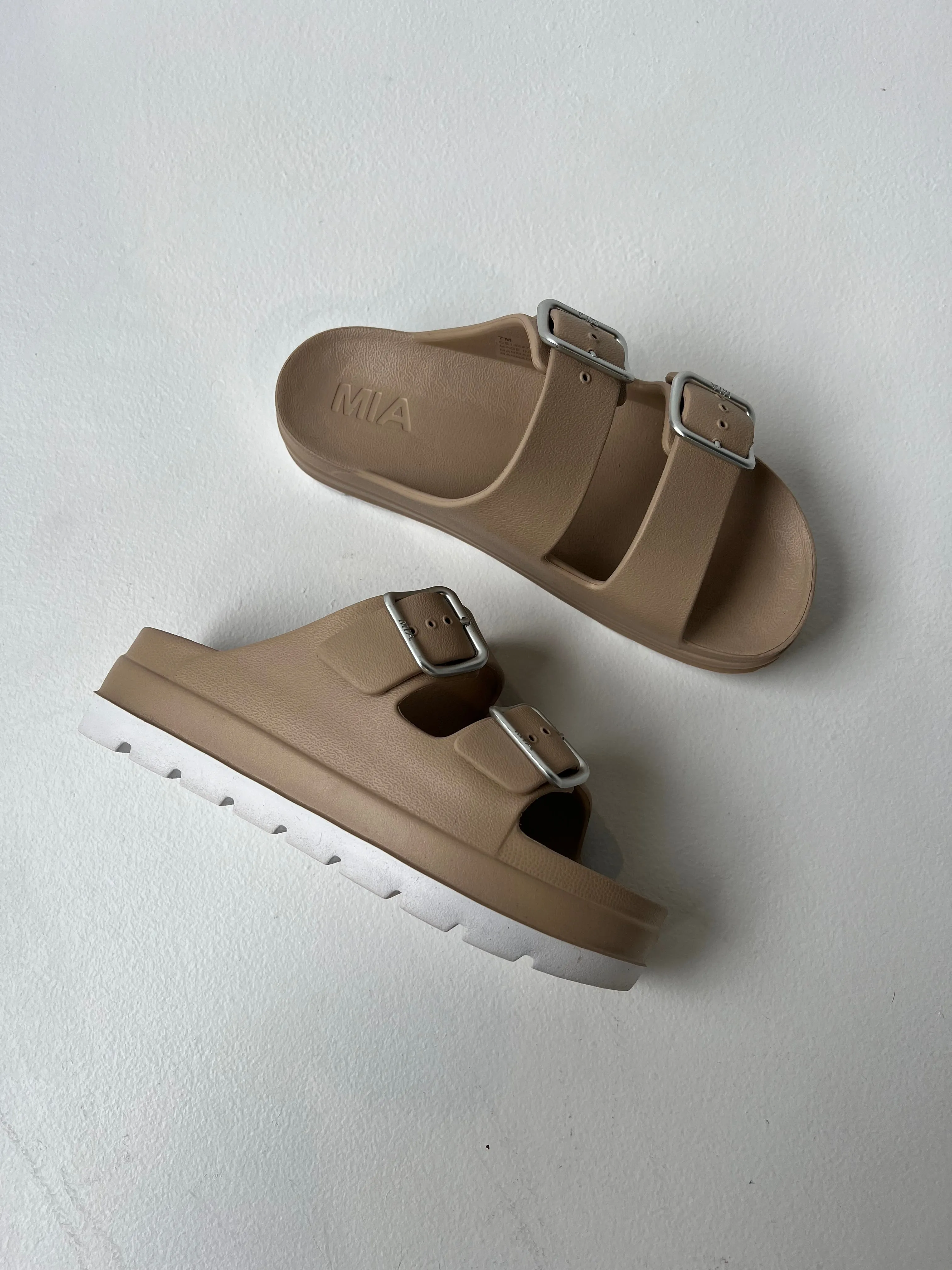 Santi Stacked Double Strap Slides Sand sold by Chic by Ally B