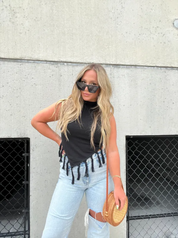 BLACK GET ELEVATED FRINGE TOP sold by Chic by Ally B