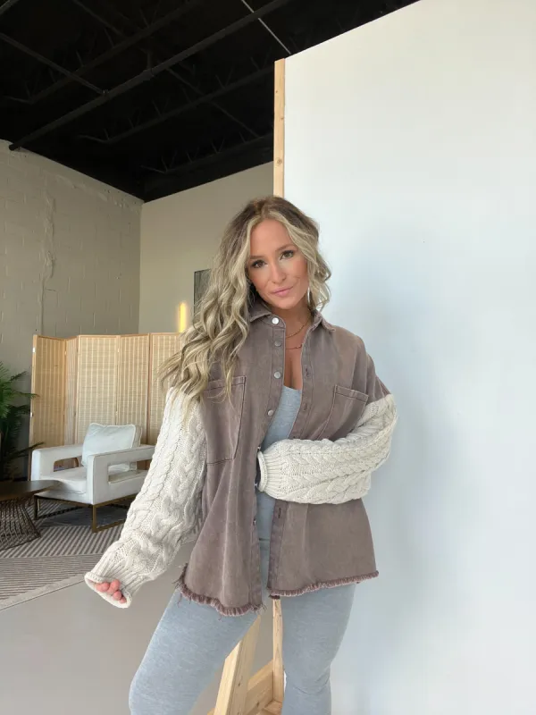 Cozy Nights Sweater Sleeve Shacket Chocolate sold by Chic by Ally B