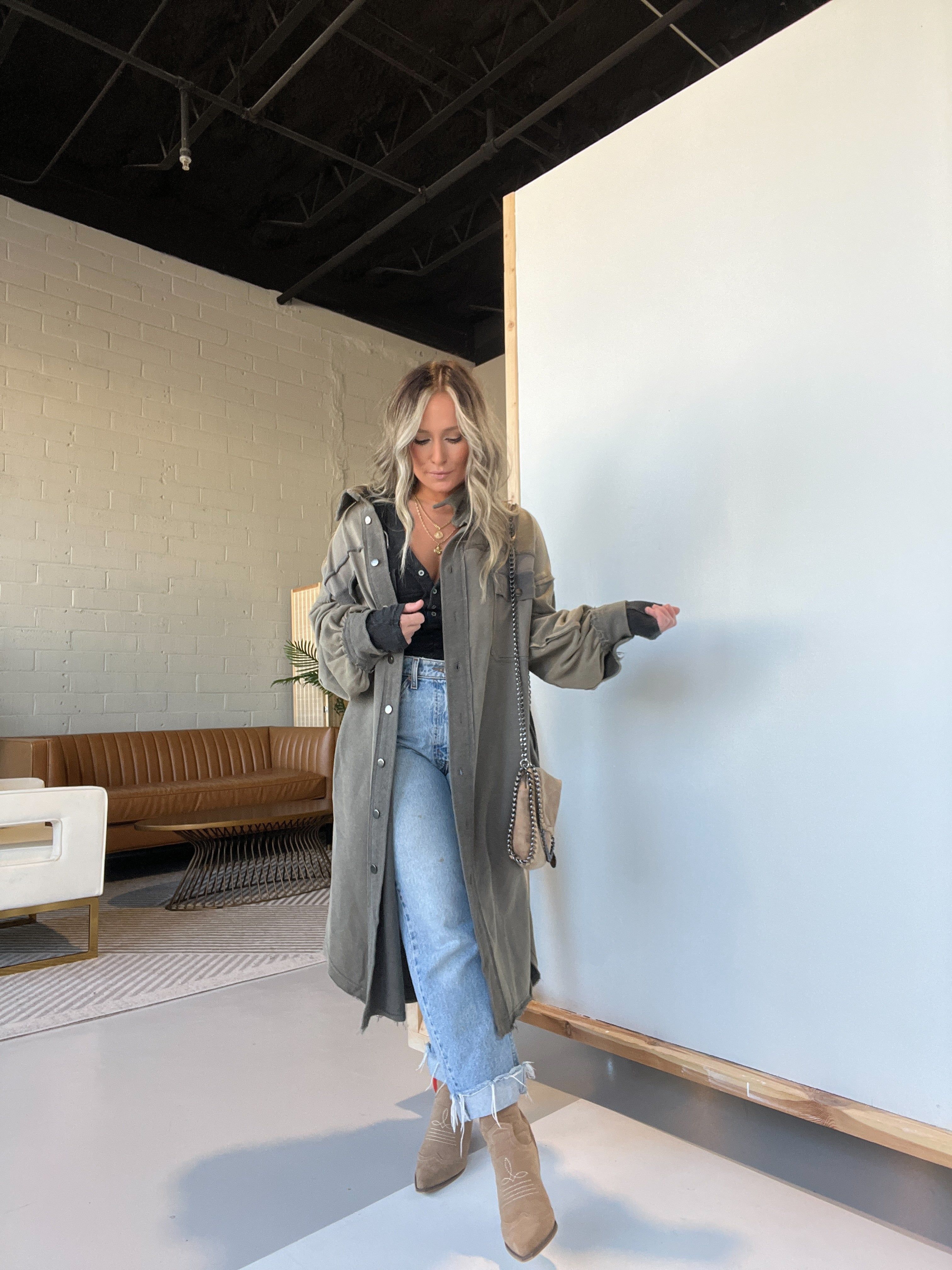 Warmest Seasons Long Shacket Olive Charcoal sold by Chic by Ally B product image thumbnail 5