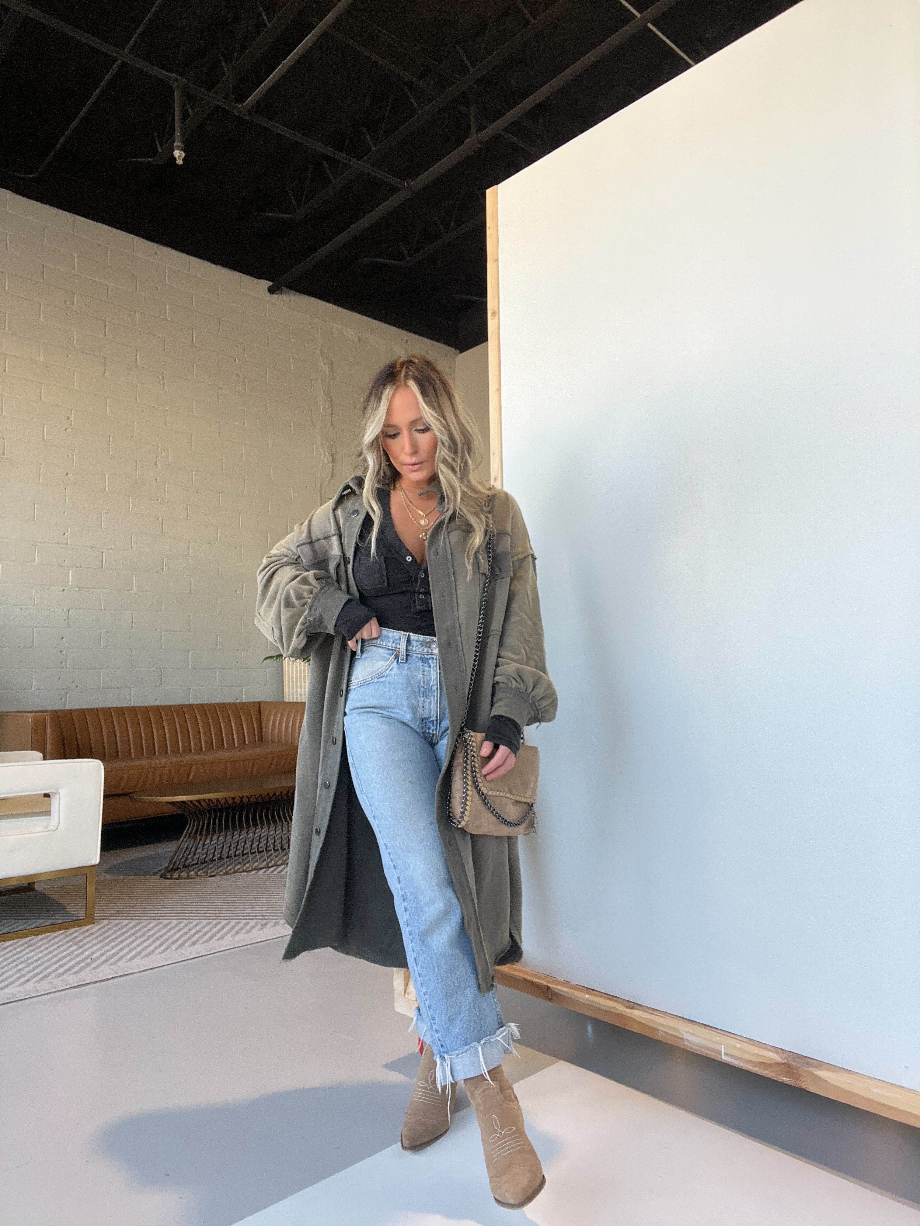 Warmest Seasons Long Shacket Olive Charcoal sold by Chic by Ally B product image thumbnail 3