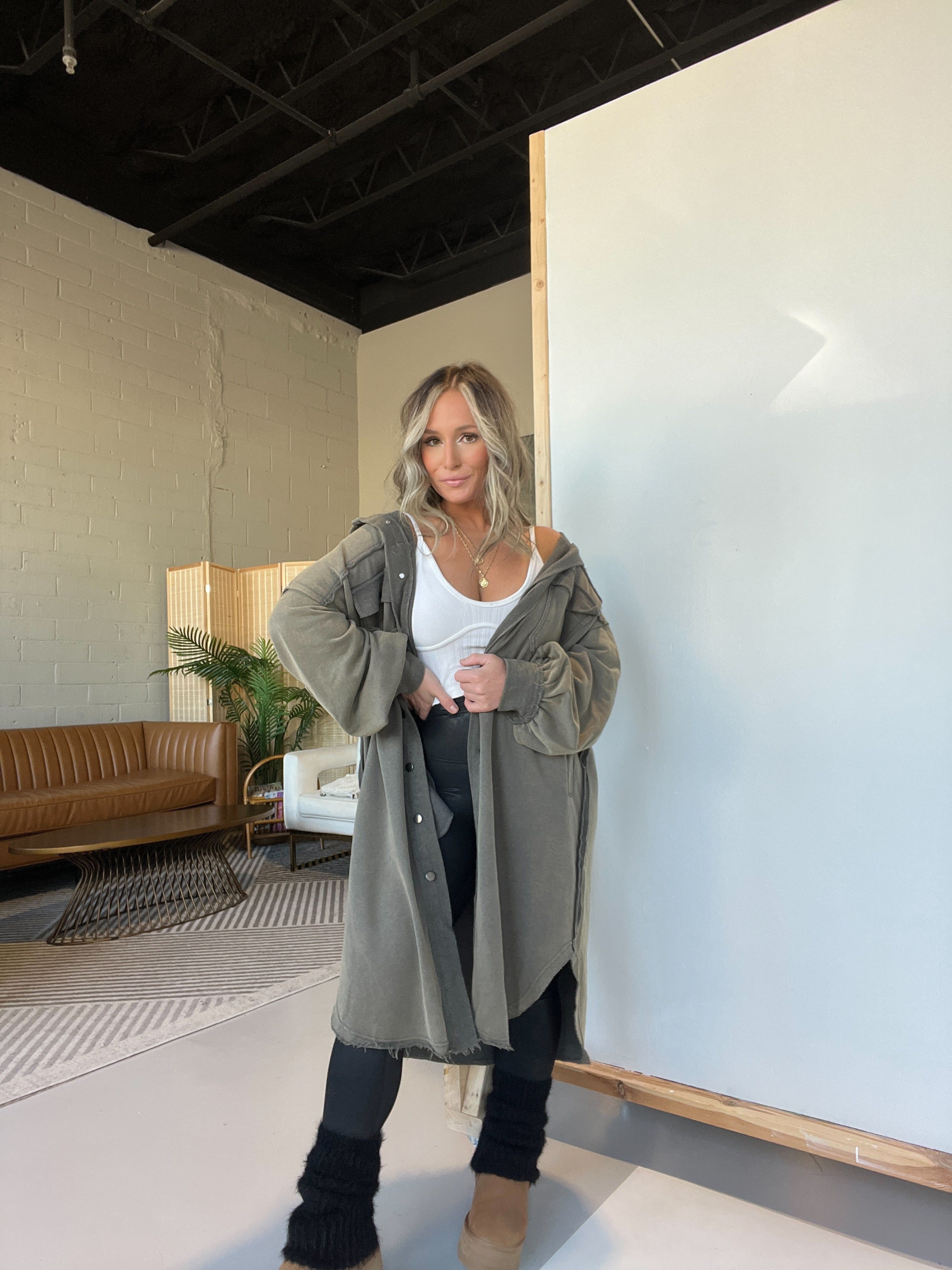 Warmest Seasons Long Shacket Olive Charcoal sold by Chic by Ally B product image thumbnail 4