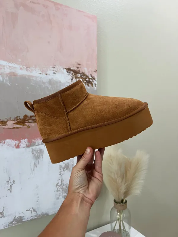 Benji Stacked Bootie Tan Suede sold by Chic by Ally B