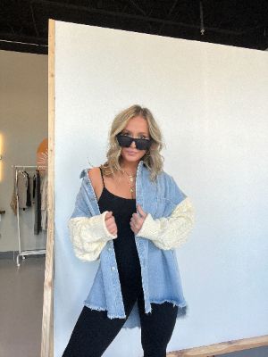 Cozy Nights Sweater Sleeve Shacket Denim sold by Chic by Ally B