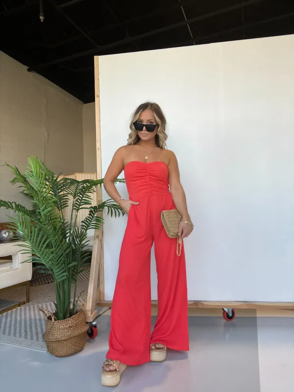 Cherry Fields Strapless Textured Jumpsuit sold by Chic by Ally B