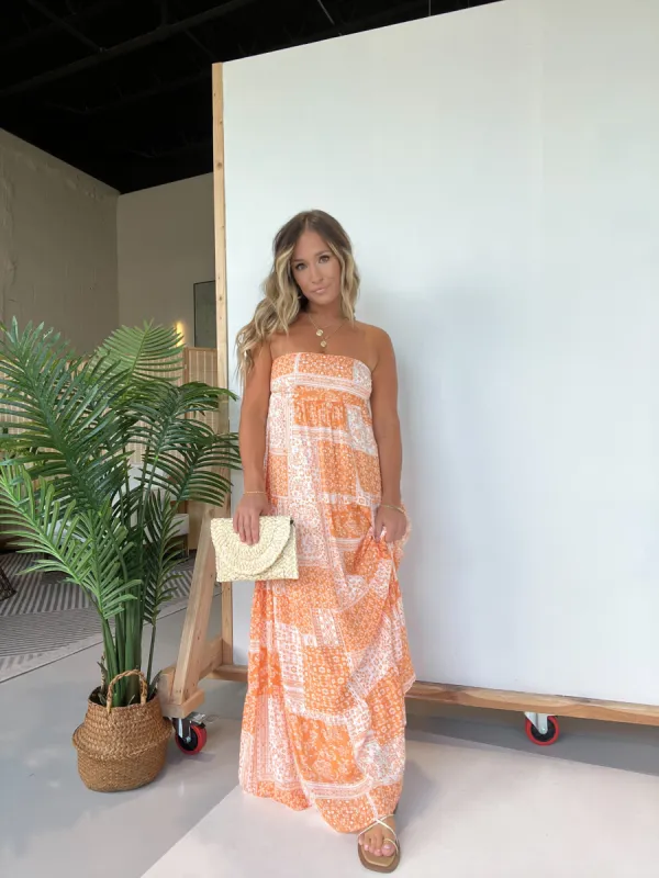 Santorini Strapless Maxi Dress Orange Patch sold by Chic by Ally B