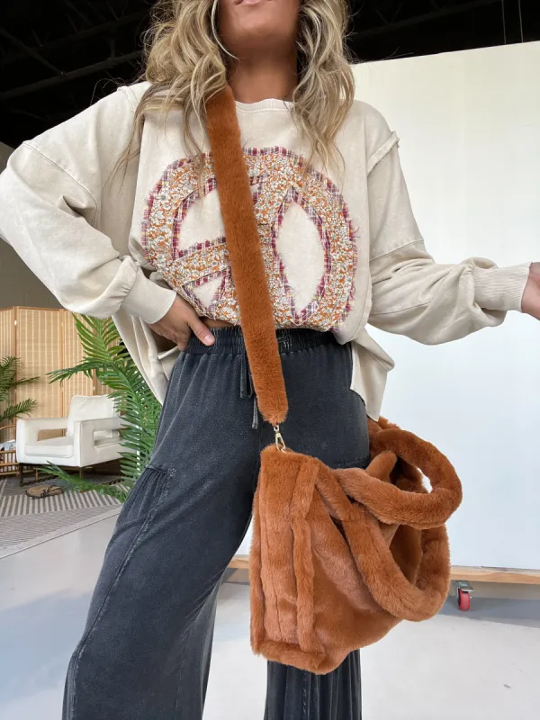 Cozy Trips Faux Fur Tote Camel sold by Chic by Ally B