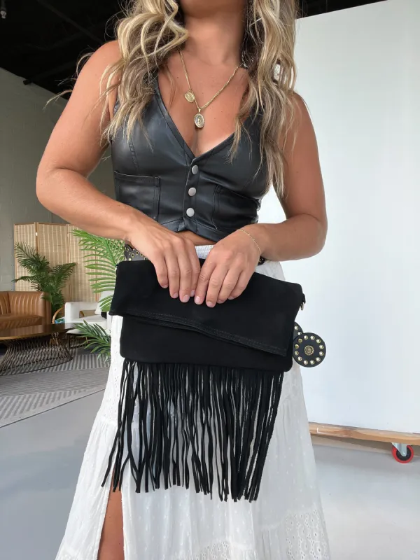 Liz Suede Fringe Bag Black sold by Chic by Ally B
