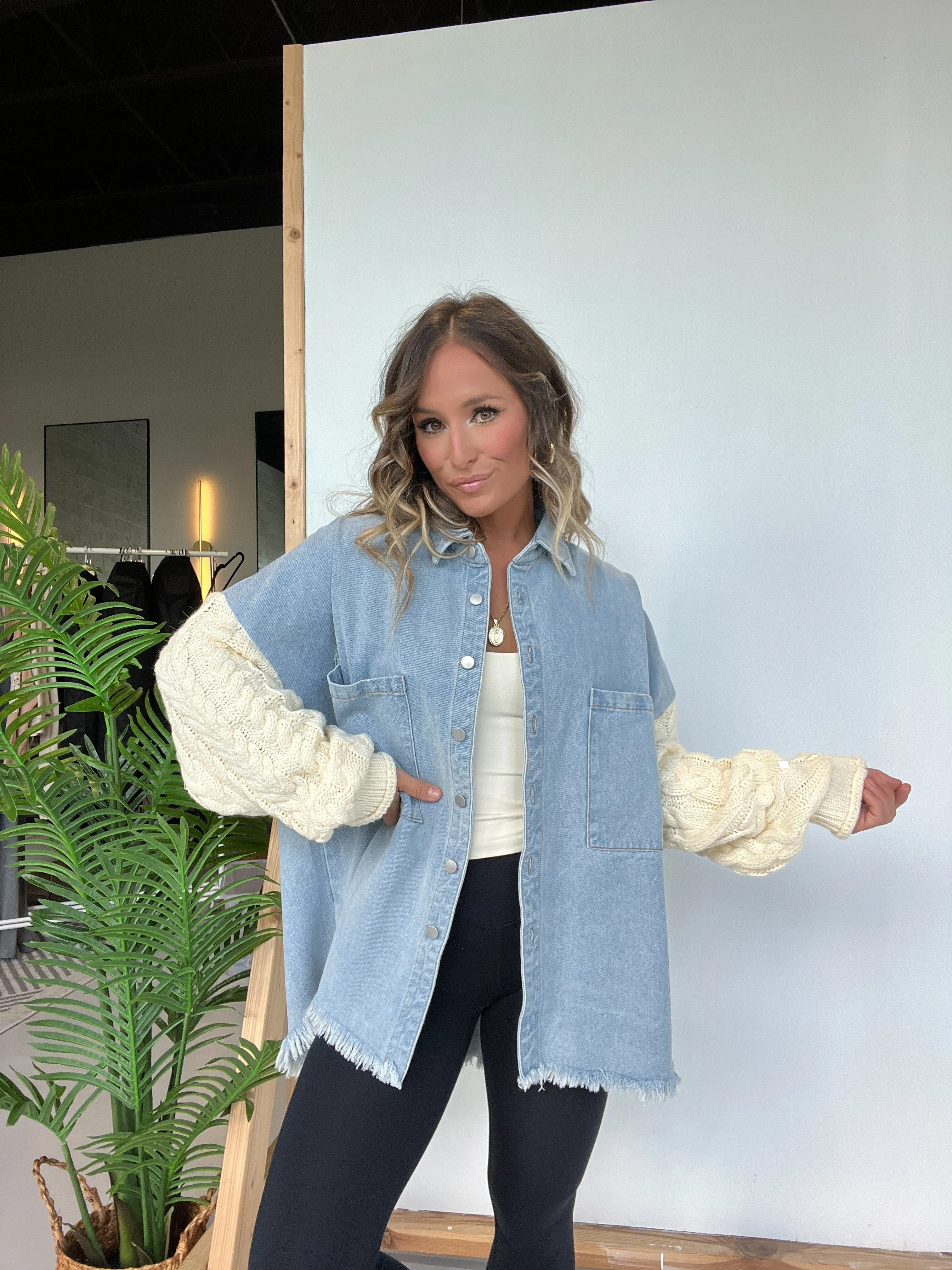 Fall Crush Sweater Sleeve Shacket Denim sold by Chic by Ally B