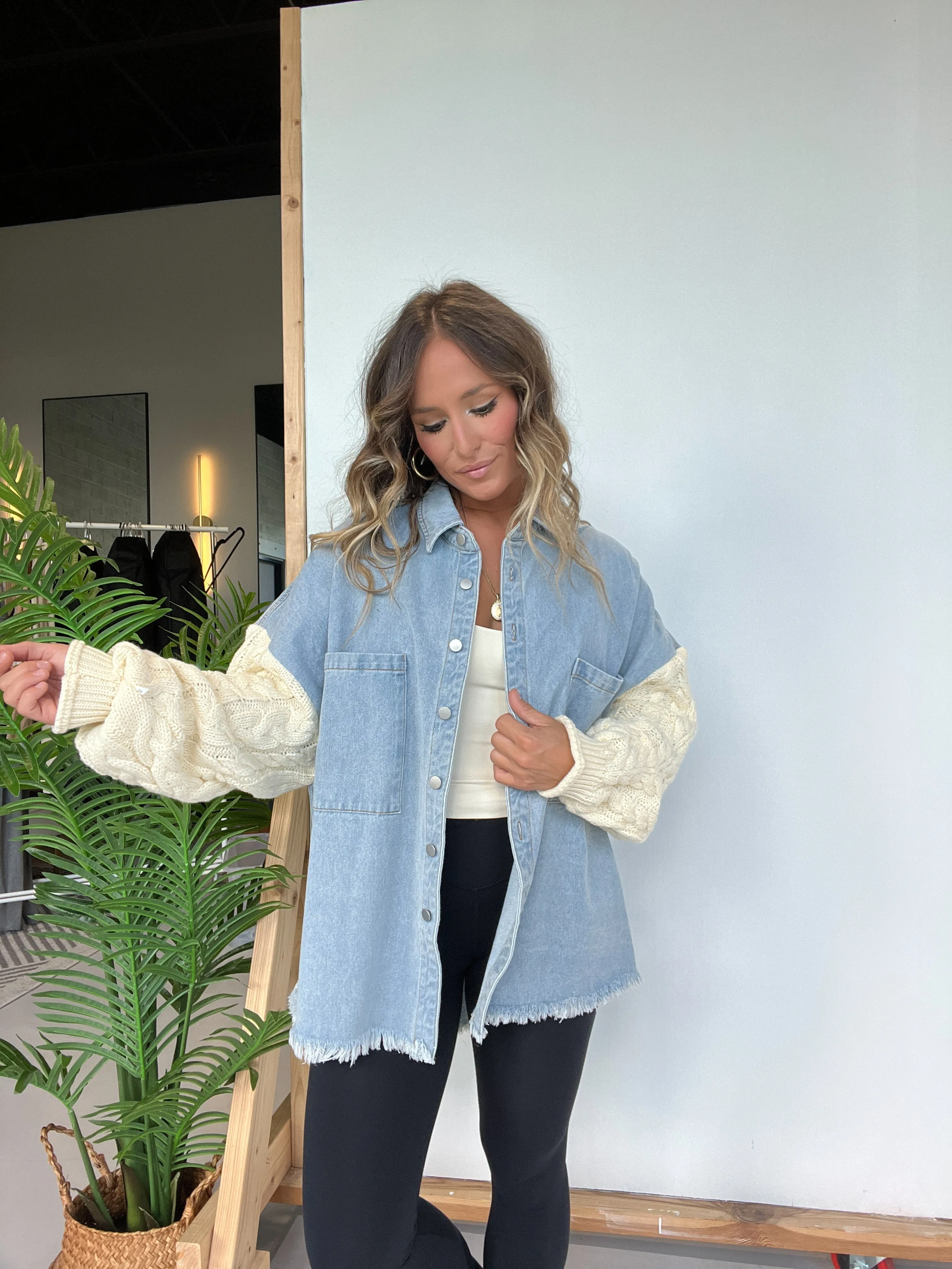 Fall Crush Sweater Sleeve Shacket Denim sold by Chic by Ally B product image thumbnail 3