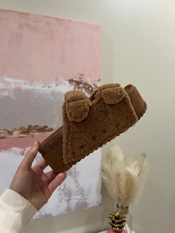 Blowout Stacked Double Strap Slides Brown Fur sold by Chic by Ally B