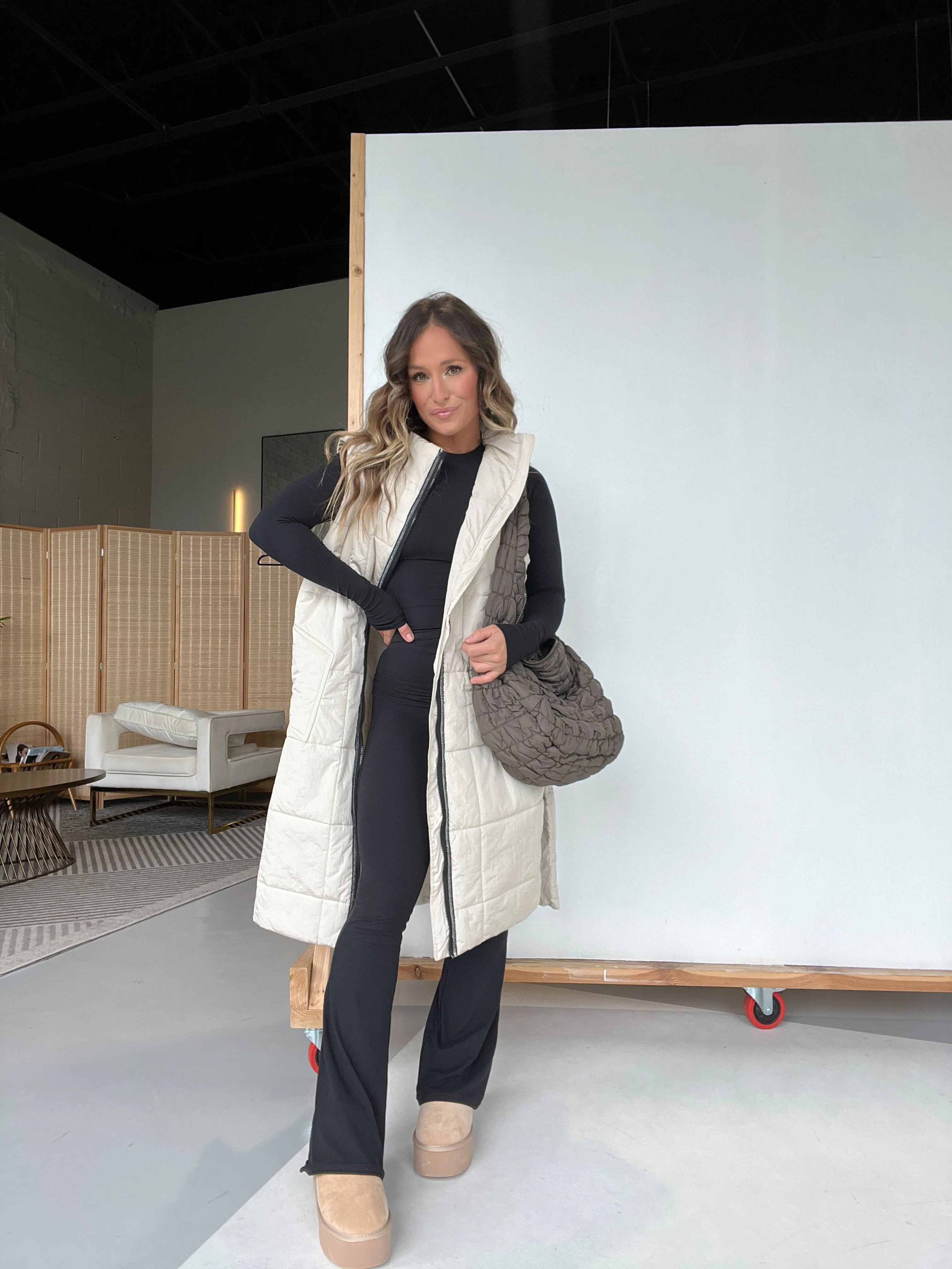 Alaska Bound Long Puffer Vest Creme sold by Chic by Ally B