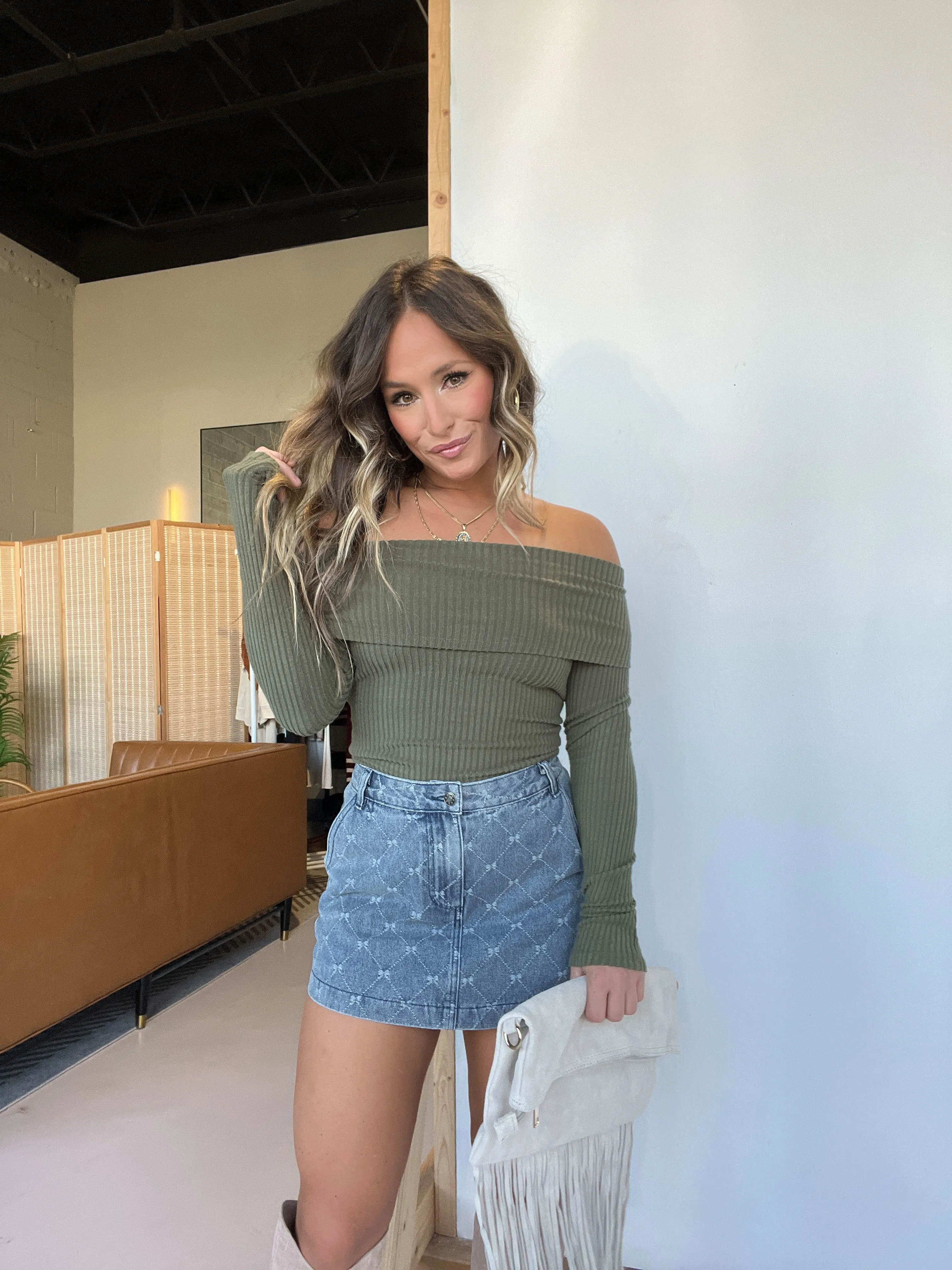 Fall Set Back Ribbed Off the Shoulder Top Olive sold by Chic by Ally B product image thumbnail 4