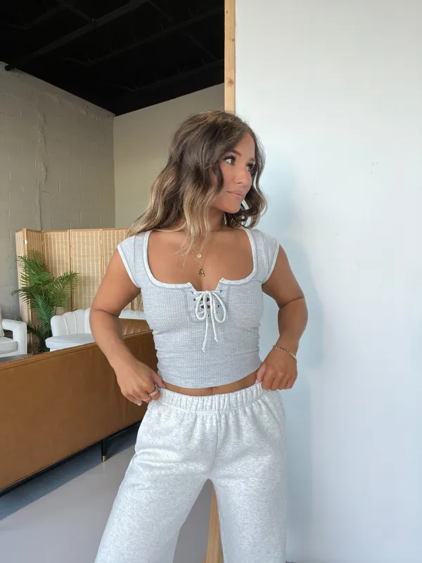 Lilah Lace Up Ribbed Top Heather White sold by Chic by Ally B