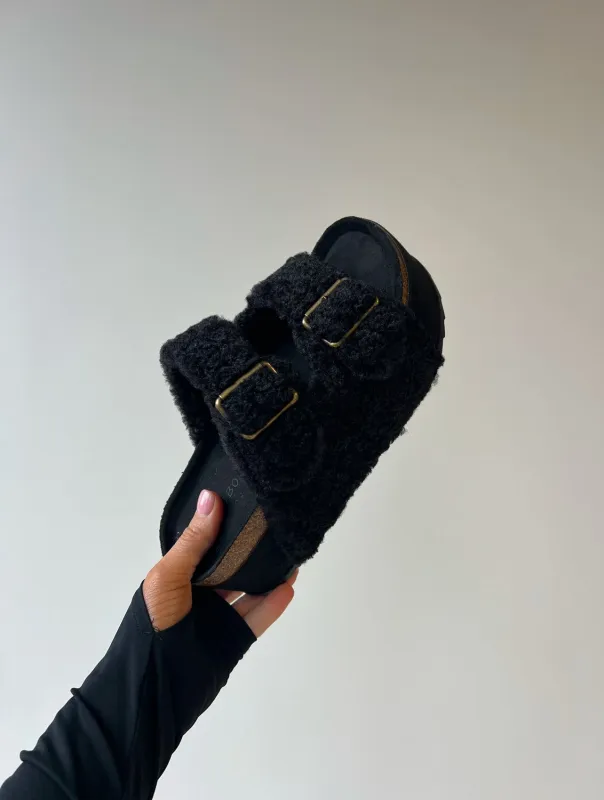 Blowout Stacked Double Strap Slides Black Fur sold by Chic by Ally B