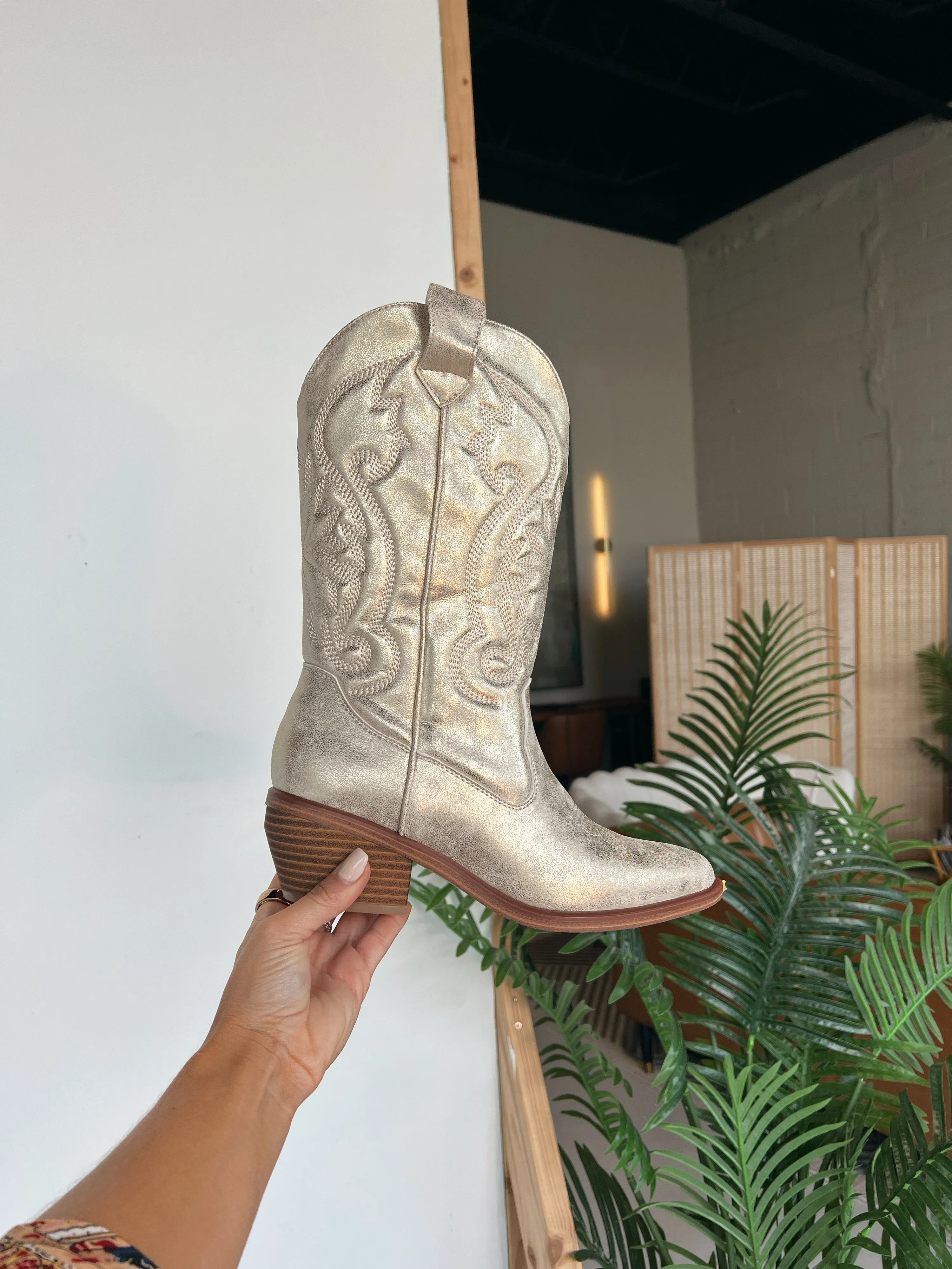 Kelsha Cowgirl Boots Gold sold by Chic by Ally B