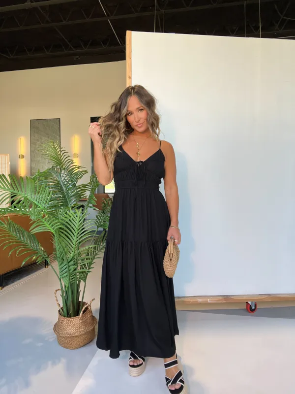 Georgia Peach Front Tie Midi Dress Black sold by Chic by Ally B