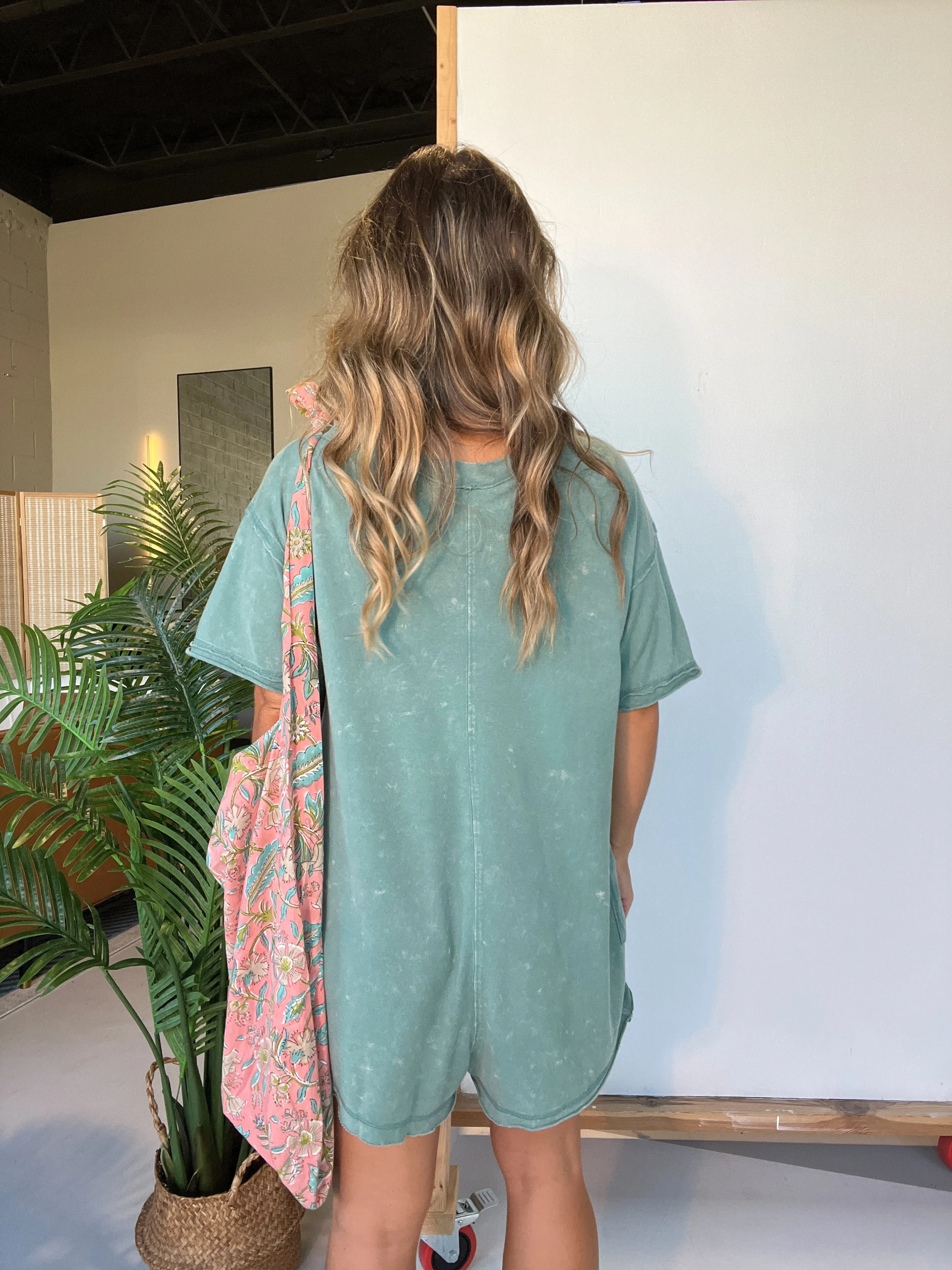 Over the Tracks Washed Tee Romper Sage sold by Chic by Ally B product image thumbnail 2