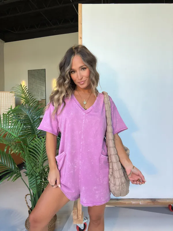 Over the Tracks Mineral Washed Tee Romper Orchid sold by Chic by Ally B