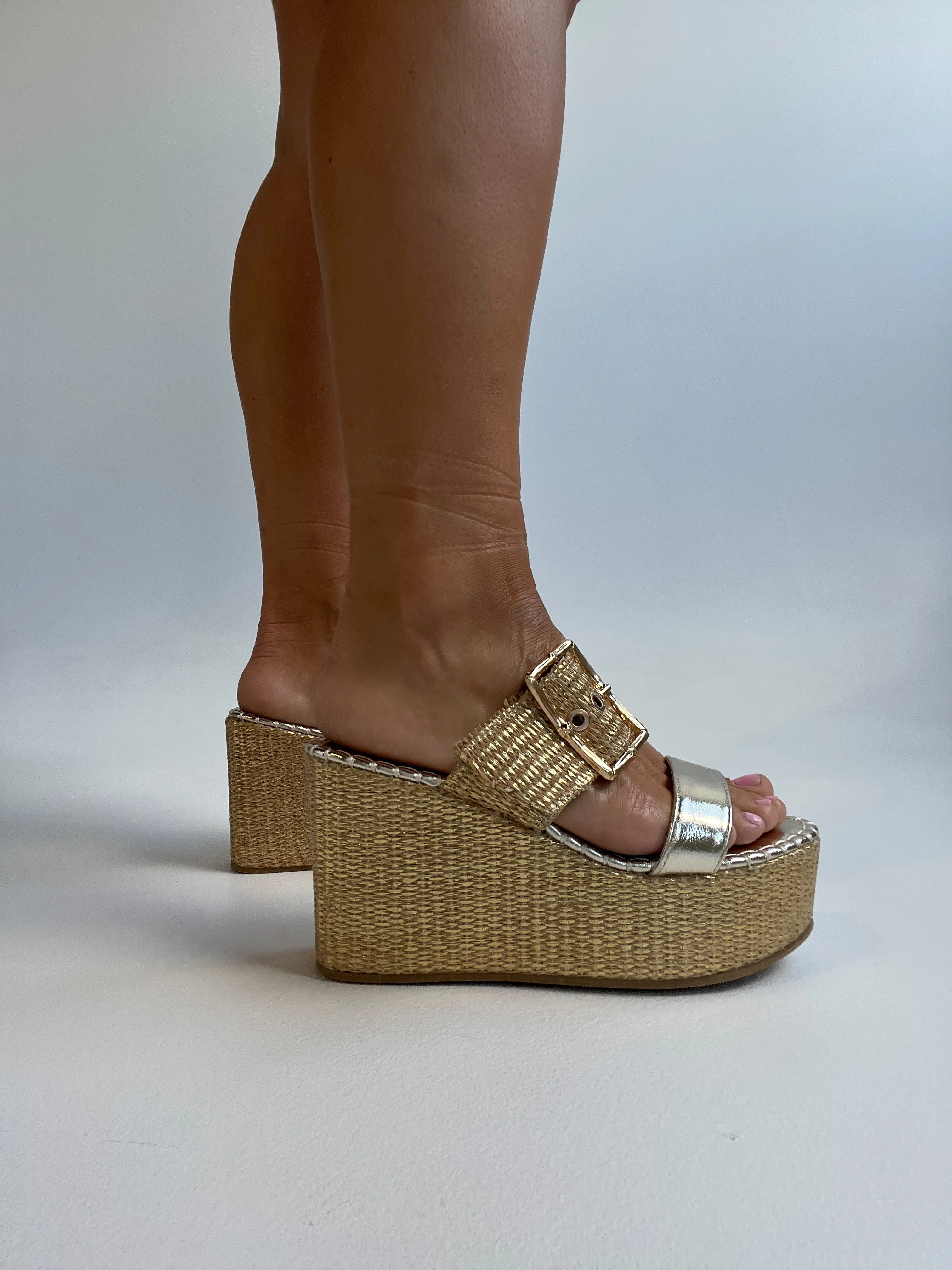 Nopal Double Strap Raffia Wedges Gold sold by Chic by Ally B product image thumbnail 4