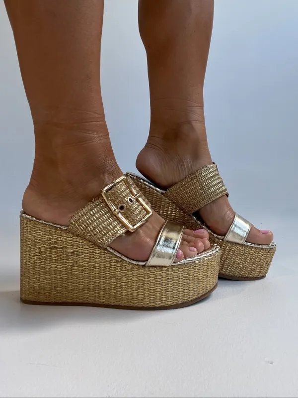 Nopal Double Strap Raffia Wedges Gold sold by Chic by Ally B