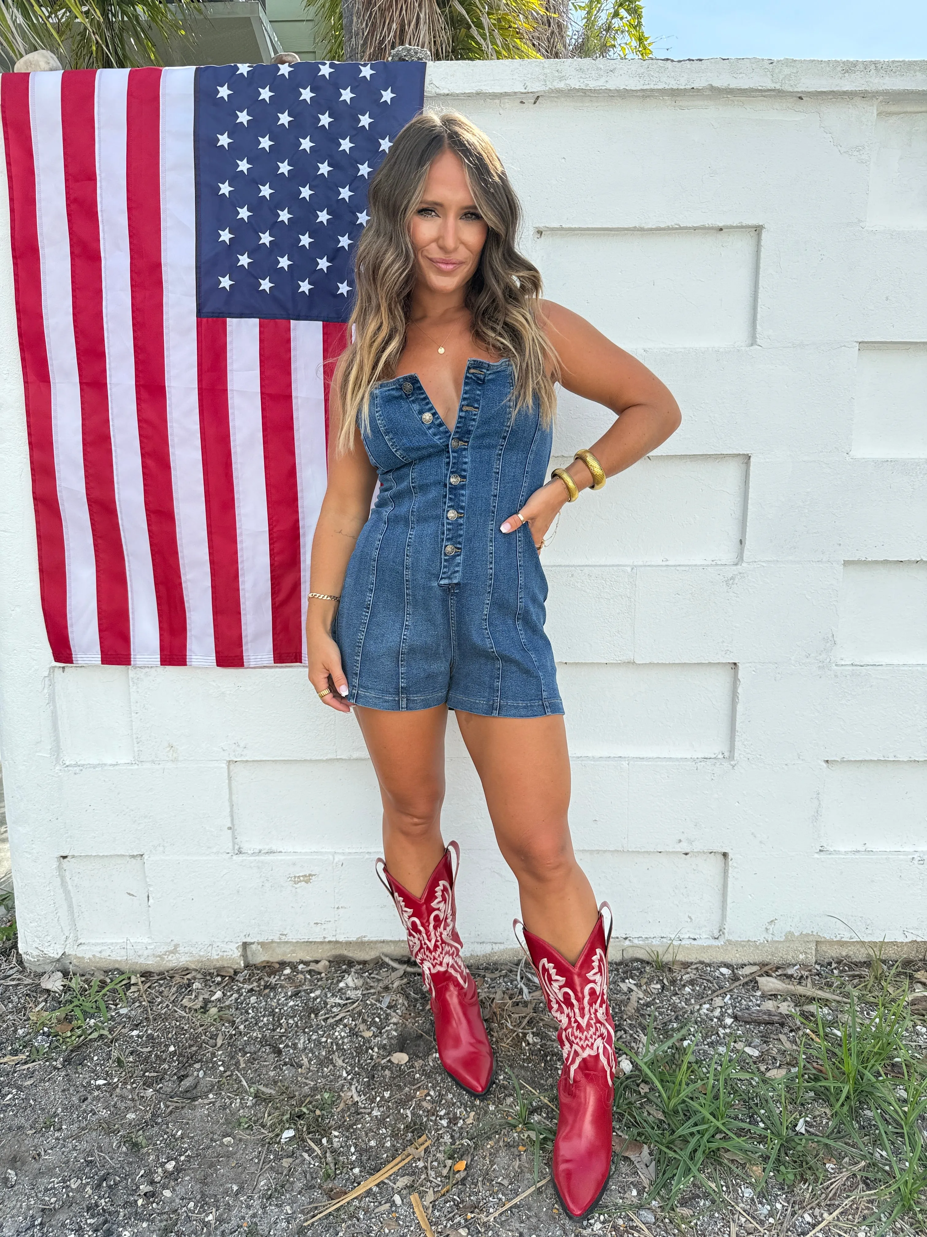 Dolly Front Button Denim Romper sold by Chic by Ally B product image thumbnail 2