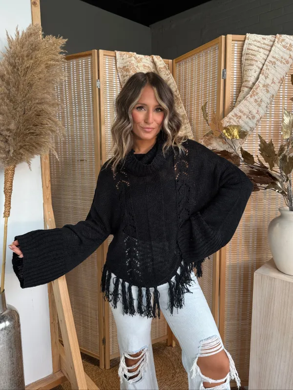 Cabin Stay Fringe Sweater Black made by Chic by Ally B
