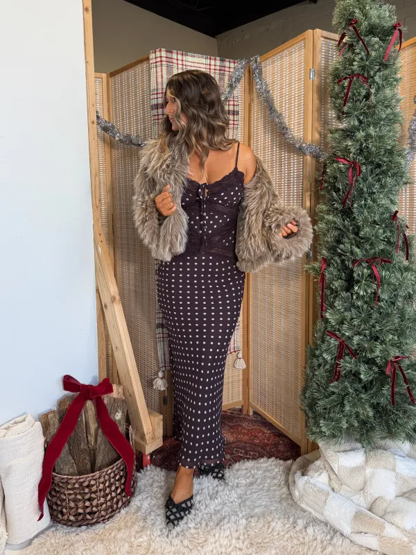 Holiday Date Polka Dot Maxi Dress Brown sold by Chic by Ally B