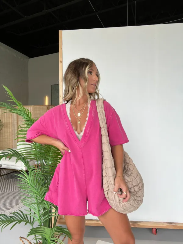 Reversible Kelcie Washed Tee Romper Fuchsia sold by Chic by Ally B