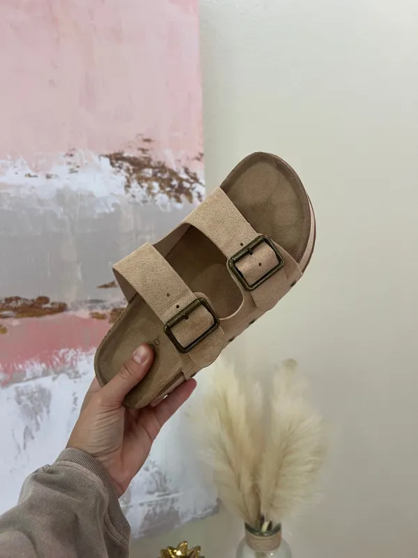 Blowout Stacked Double Strap Slides Natural Suede sold by Chic by Ally B
