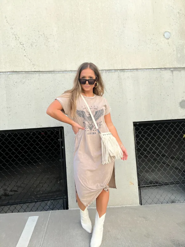 JANE GRAPHIC MIDI DRESS TAUPE sold by Chic by Ally B
