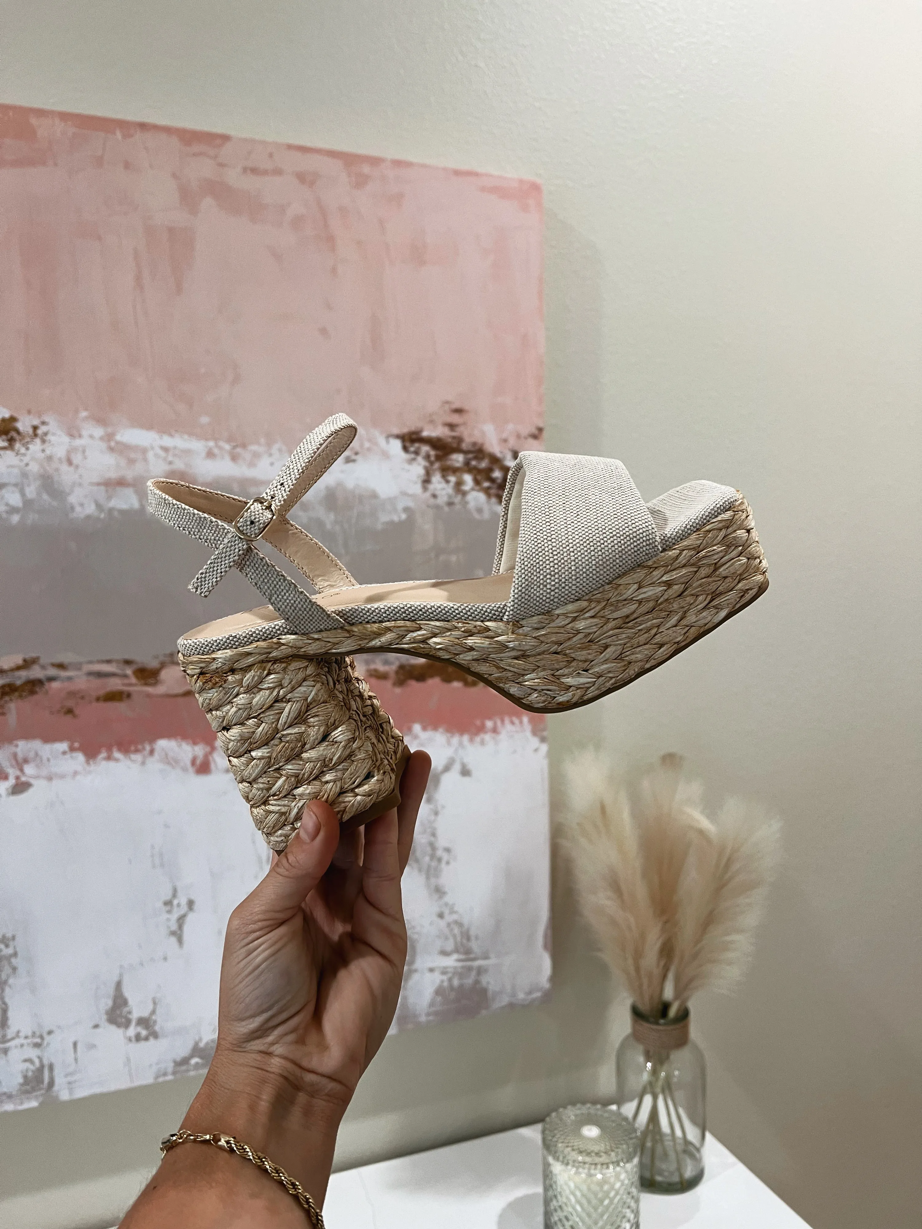 Belise Platform Wedges Natural Linen sold by Chic by Ally B