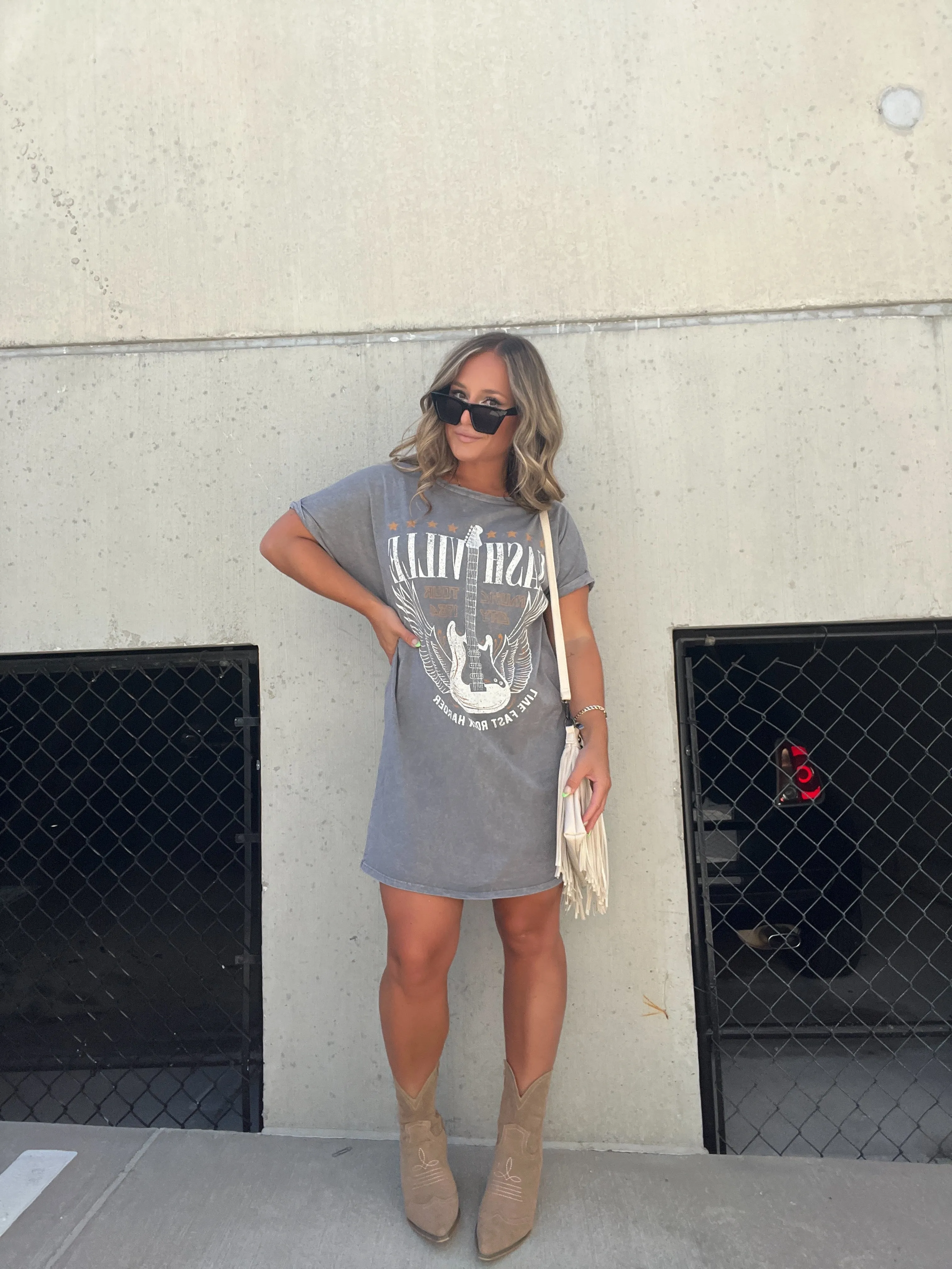 Nashville Mineral Washed Graphic Dress Grey sold by Chic by Ally B