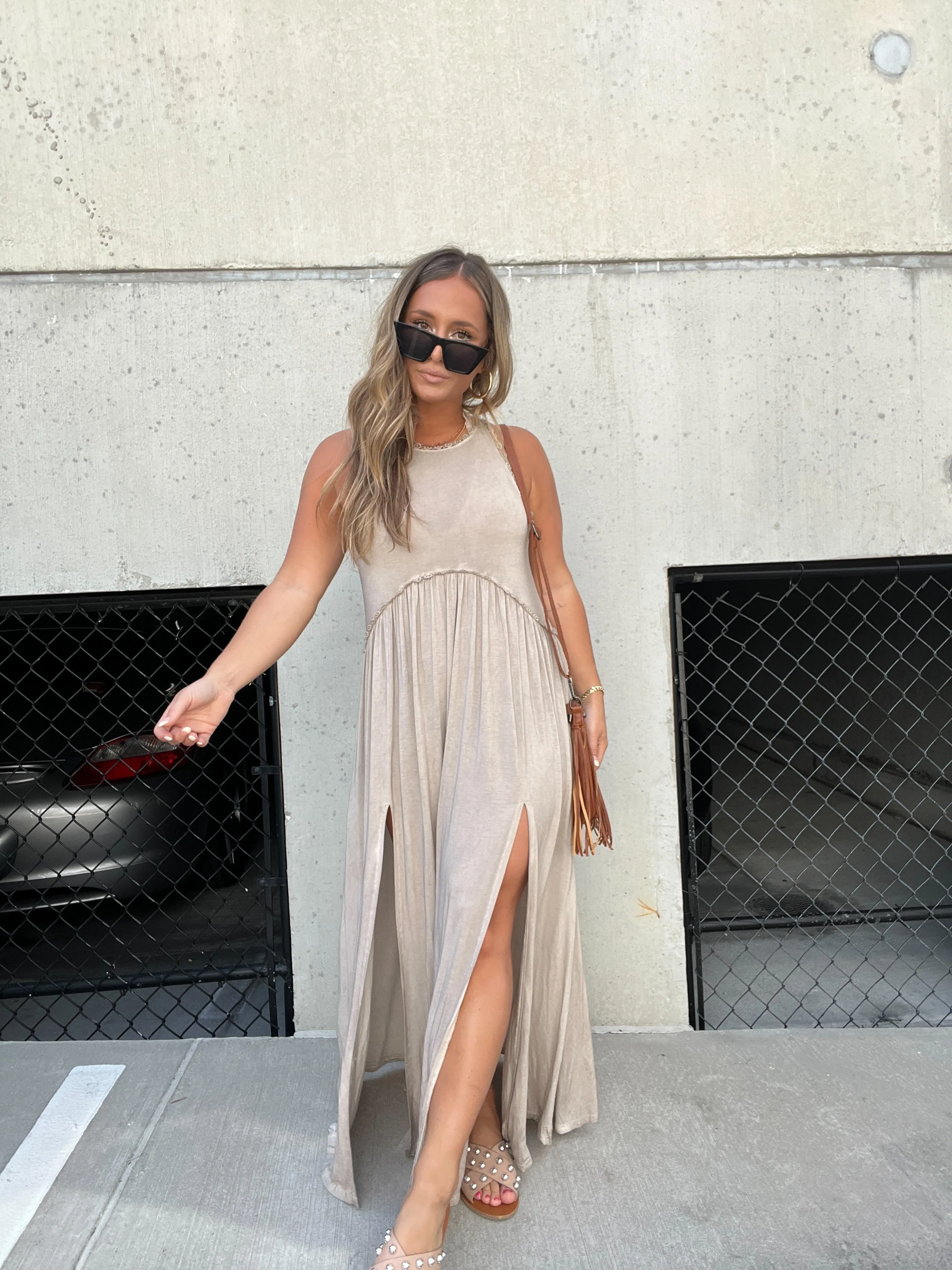 ROMANTIC PLANS MAXI DRESS TAUPE sold by Chic by Ally B