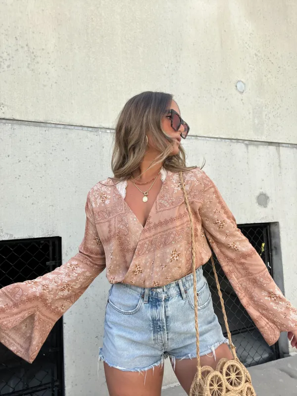 NEUTRAL PATCHWORK SURPLICE TOP sold by Chic by Ally B