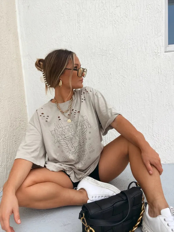 DISTRESSED FREE SPIRIT TEE BEIGE sold by Chic by Ally B