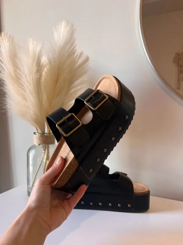 Blowout Stacked Double Strap Slides Black Pu sold by Chic by Ally B