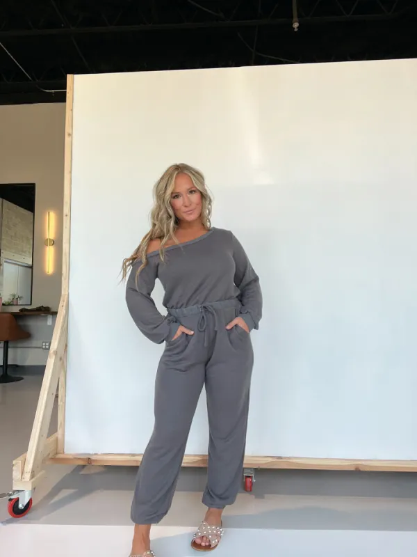 Dare Me Off The Shoulder Jumpsuit Charcoal sold by Chic by Ally B