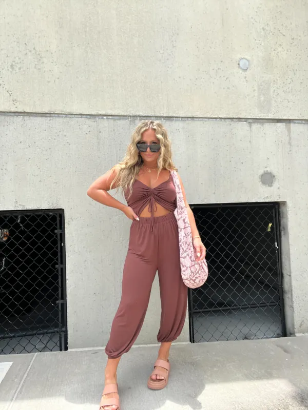 BROWN GENIE IN A BOTTLE JUMPSUIT sold by Chic by Ally B