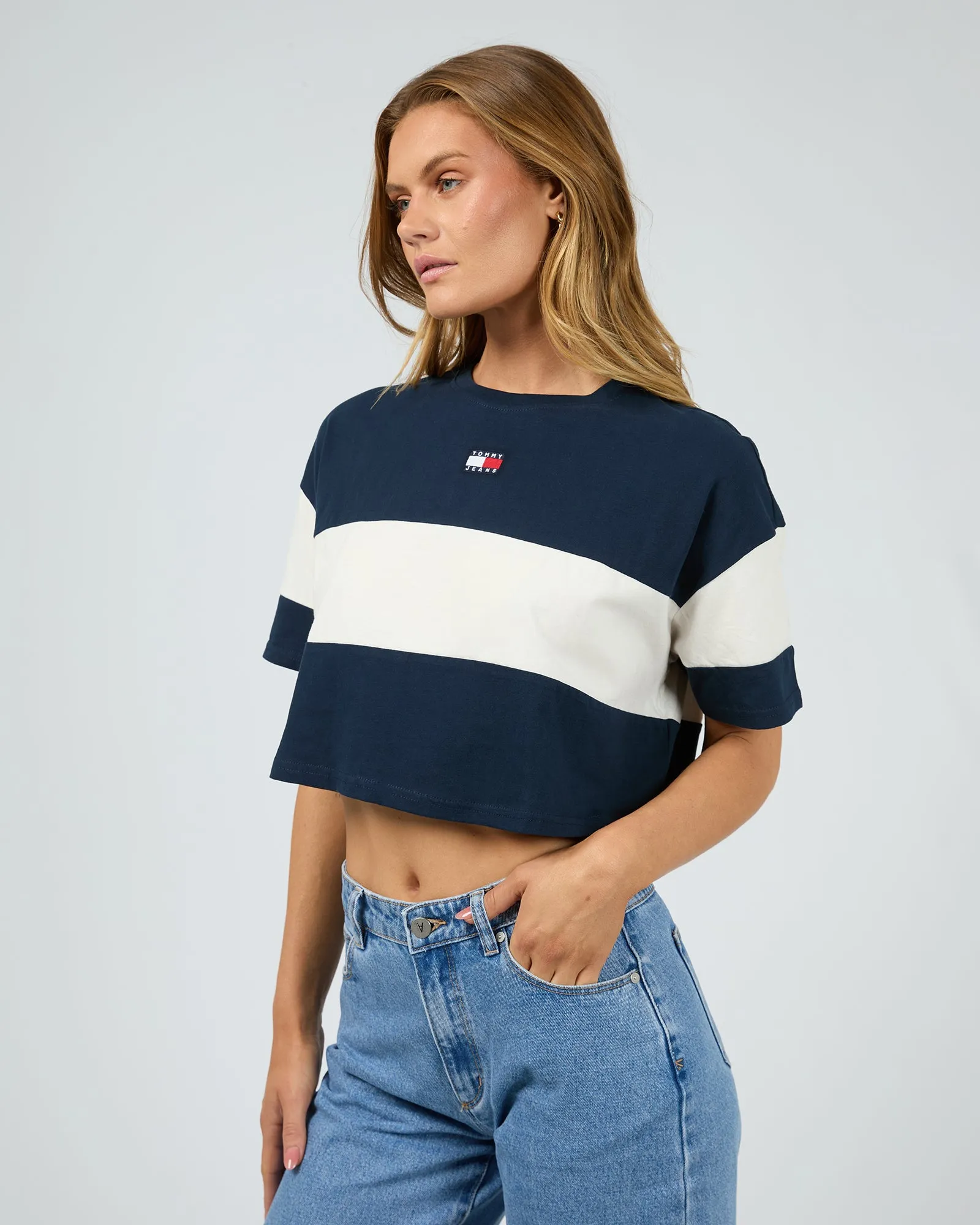 Cropped Colour Blocked Badge Tee Navy sold by edge clothing product image thumbnail 4